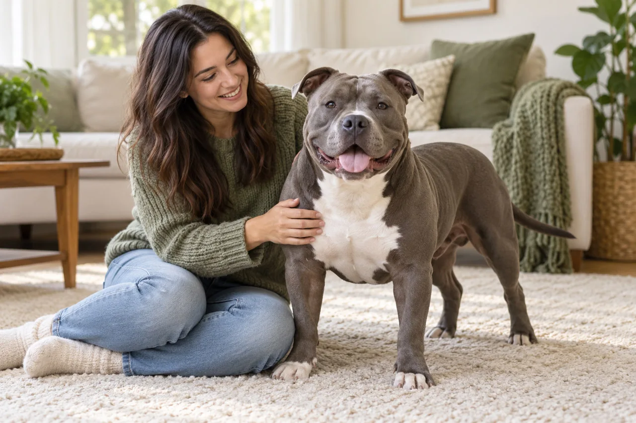 Illustrative American Bully-type dog standing beside its owner at home